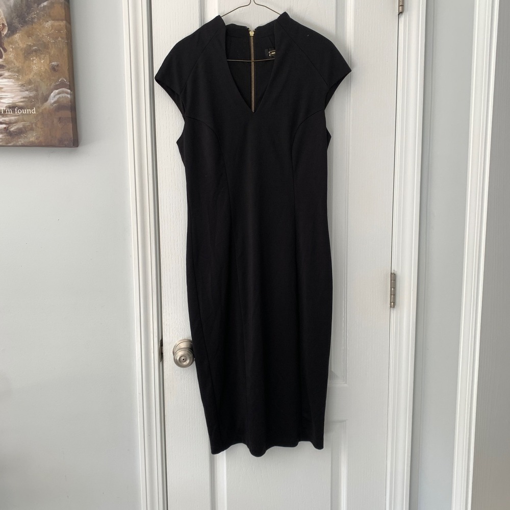 Alexia Admor Black‎ Sheath Dress V-Neck Cap Sleeve Gold Back Zip Midi Dress